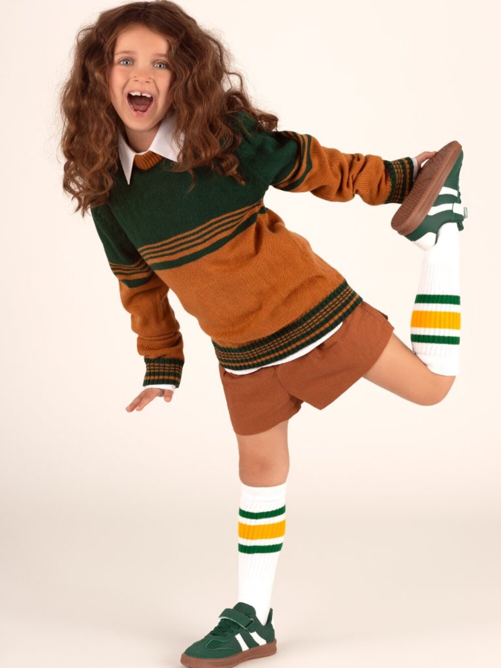 Vintage 70s Children's Green Yellow Striped Collegiate Crewneck Sweater Medium - Picture 10 of 10
